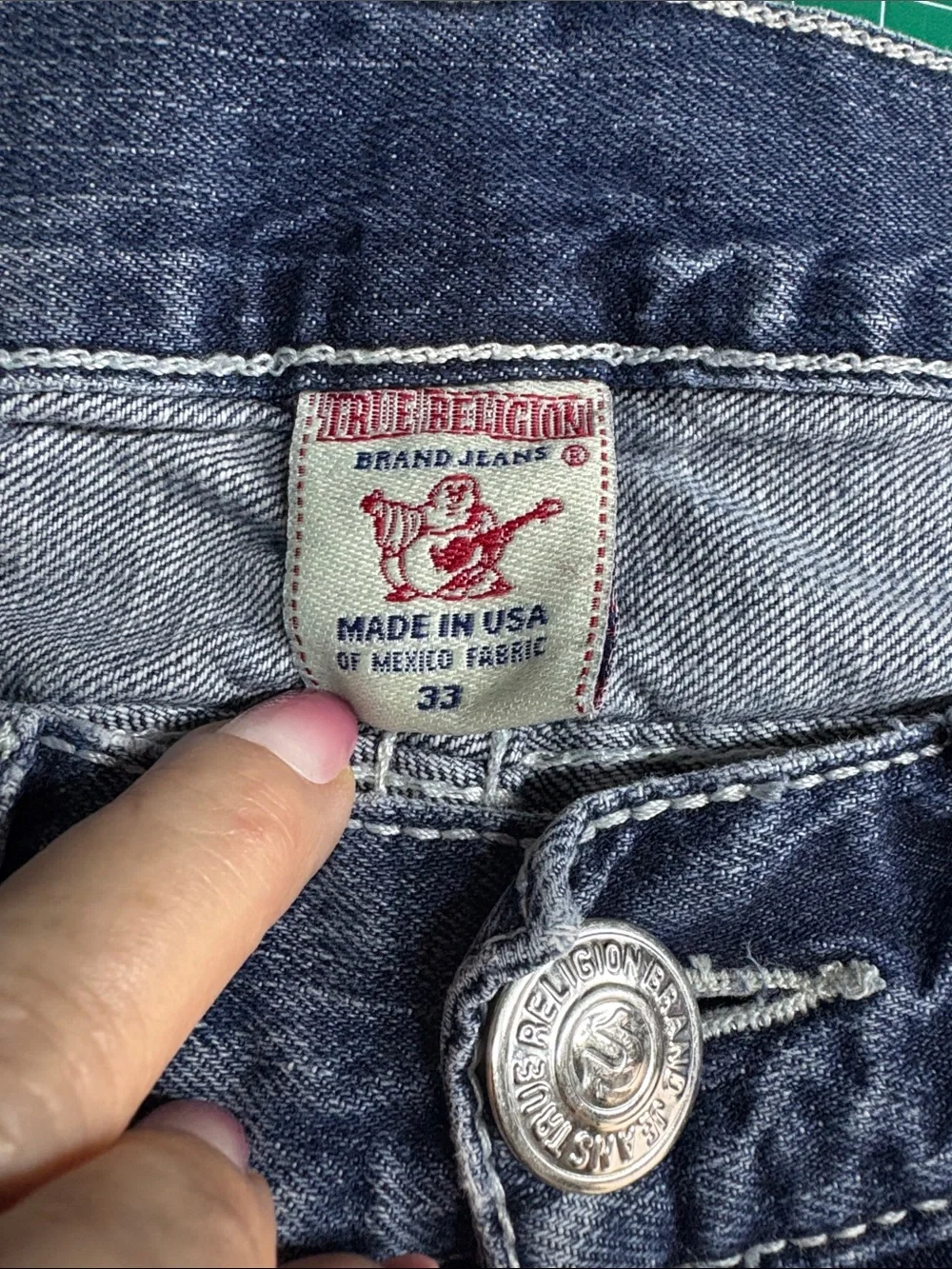 True Religion Medium Indigo Bootcut Jeans with White Stitching